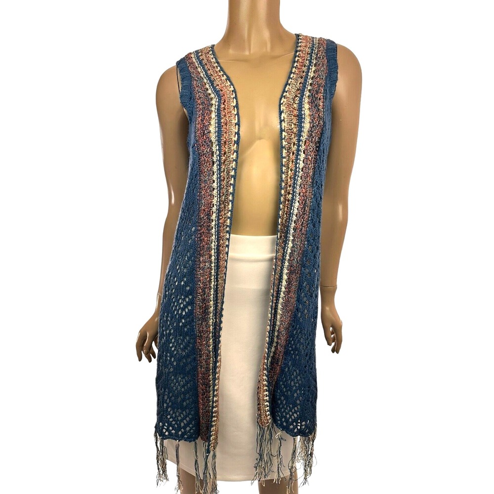 New Directions Size PS Open Front Long Cardigan Vest Open Weave Acrylic Blue